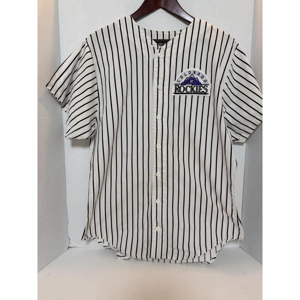 Vtg 1990s Colorado Rockies Button Up Jersey Pinstripes Locker Line Lrg Size 214